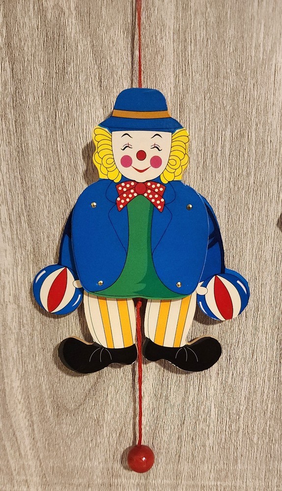 2 Vintage Pull String Jumping Jack Wooden Puppet Clowns Hand Painted