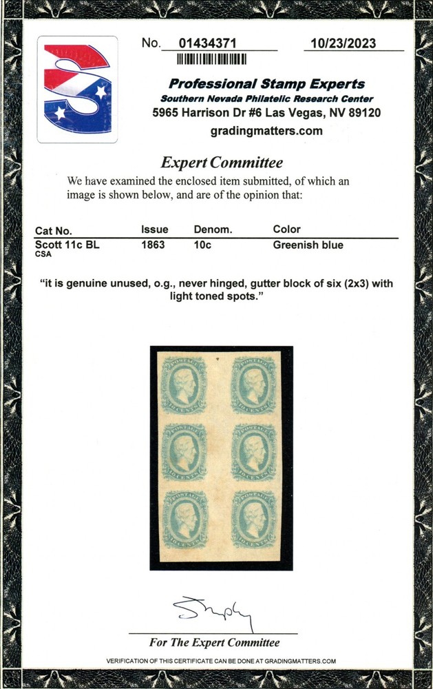 Confederate States Scott 11c Gutter Block/6 MNH with 2023 PSE Certificate