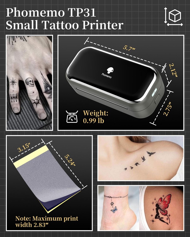 Phomemo TP31 Wireless Tattoo Stencil Printer with 30pcs Transfer Small, Gray