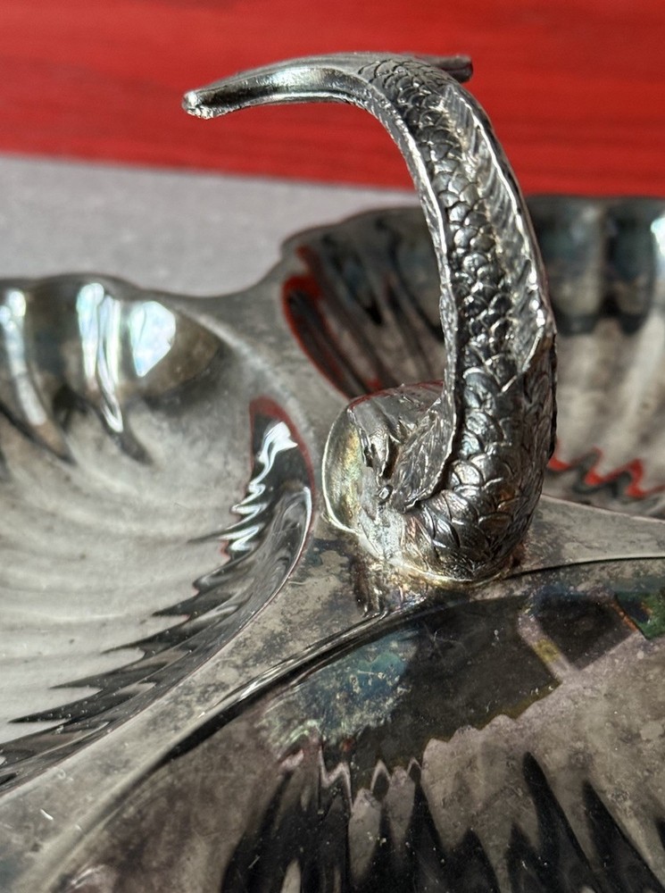 Silver Plated Three Scallop Shell Shaped Serving Dish Center Dolphin Handle