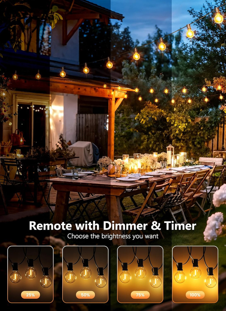 Outdoor String Lights with Remote, 100Ft Outside Waterproof Light with Dimmable