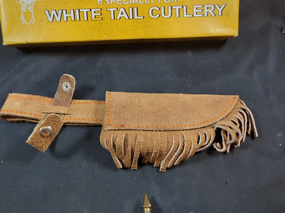 White Tail Cutlery Fixed Blade Knife Leather Sheath Torched Bone Handle Spikes