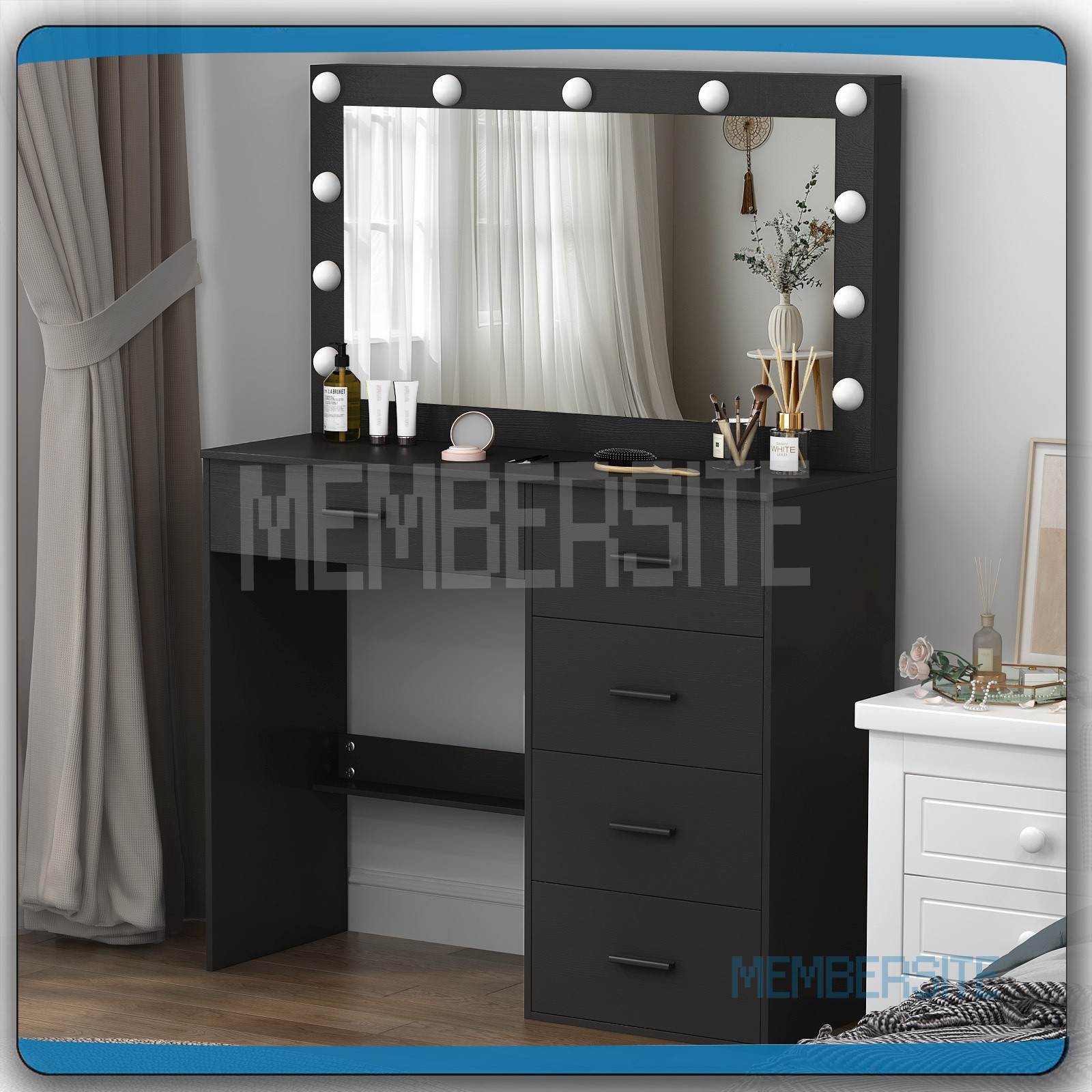 Black Makeup Vanity Desk With Large Hollywood Mirror 11 Led Bulbs Dressing Table