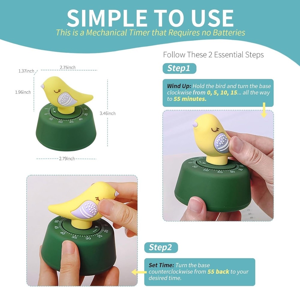 Eco-Friendly Wind-Up Kitchen Timer for Kids - Cute 60-Minute Countdown