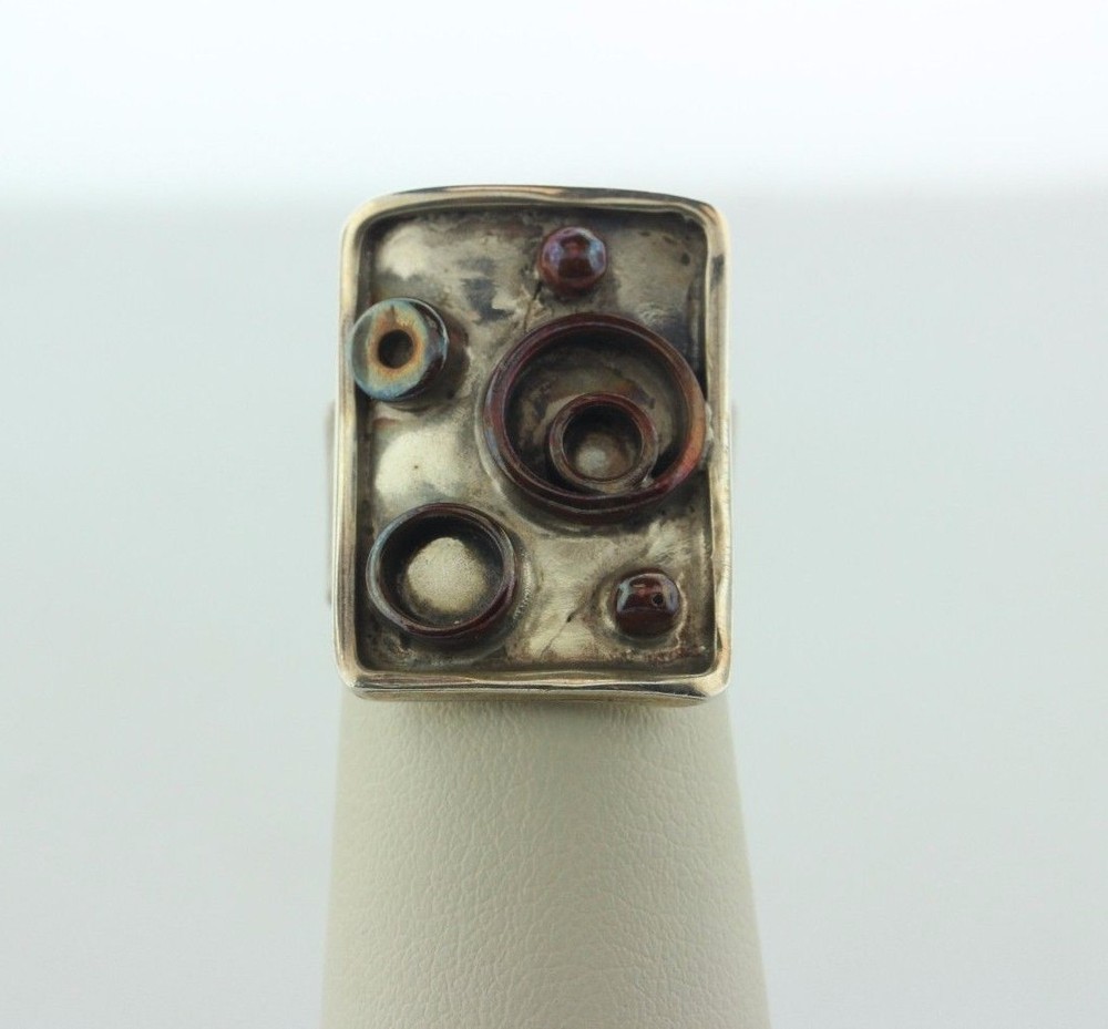 Handcrafted Sterling Silver 925 Square with Copper Circles Ring - Adjustable