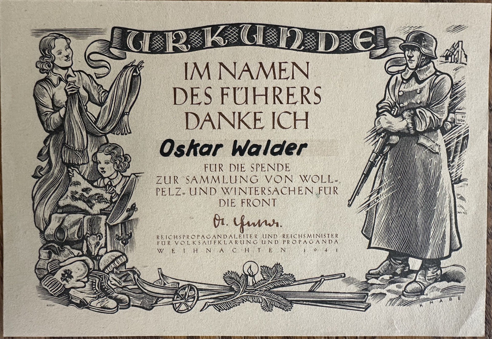 Original 1941 German Warm Clothing Donation Certificate for the Russian Front