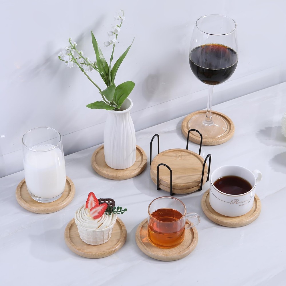 Bamboo 4 inch coaster [8 pcs] Coasters with Holder - Drinking Coasters - Cup ...