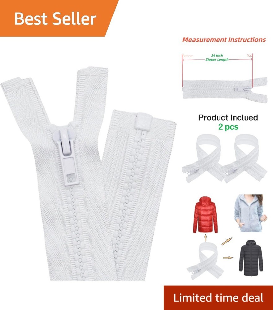 2 Pack 34 Inch White Plastic Zippers for Jackets Sewing Replacement