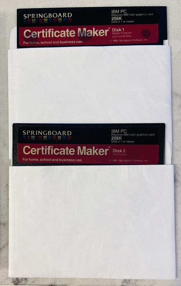 Springboard Certificate Maker for IBM PC 5.25” With Inserts Manual And Stickers