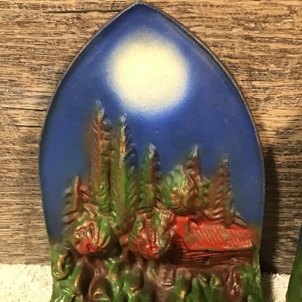 Antique Cast Iron Bookends Cabin in Moonlight Pair Numbered #103