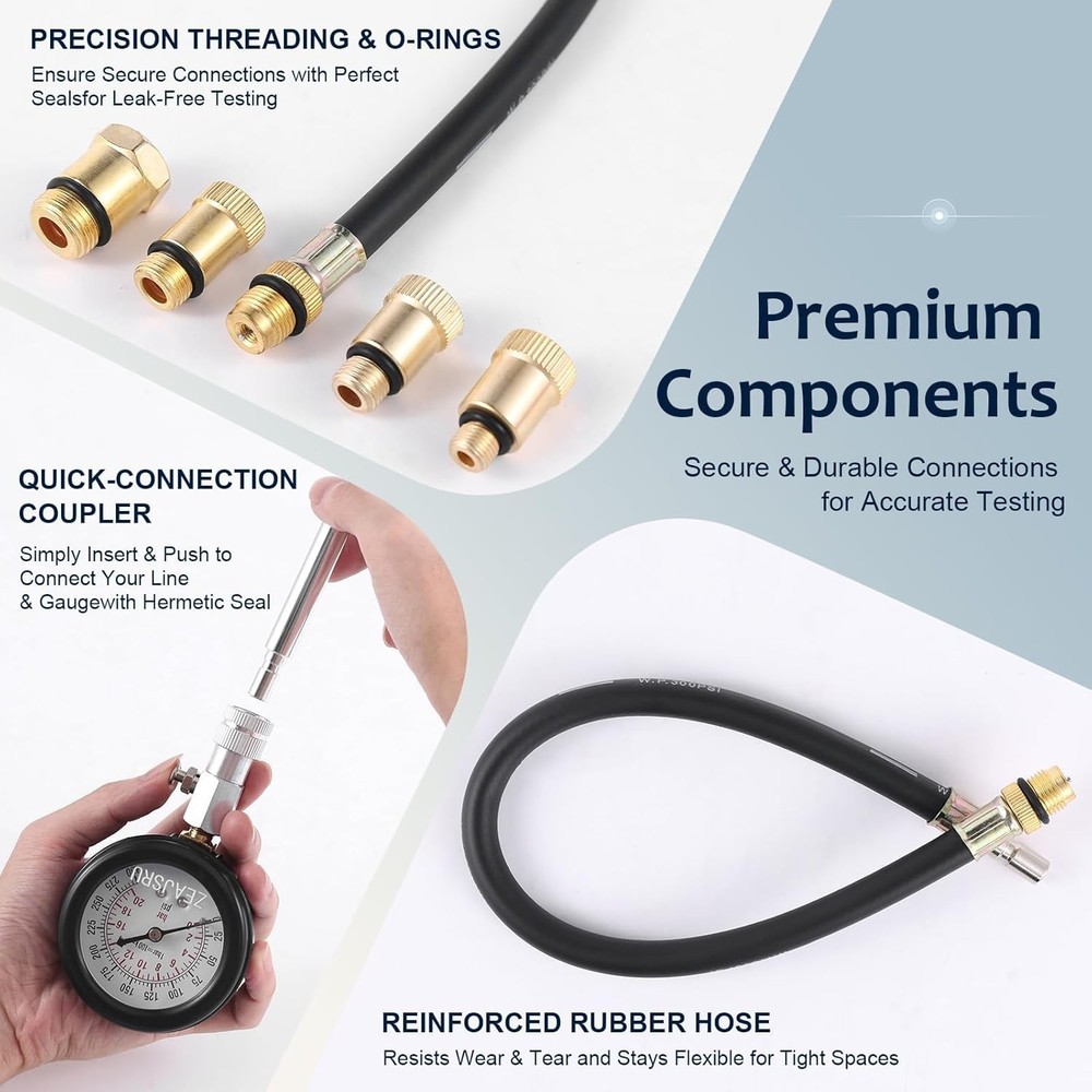 Comprehensive Engine Compression Tester Kit - Clear Dual Scale Gauge & Adapters