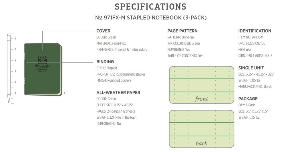 Rite In The Rain Mini Stapled Binding Notebook 3 Pack Green Field-Flex Cover