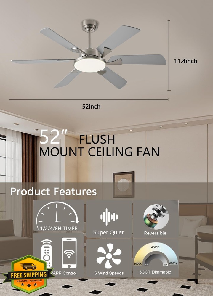 JSAITEE 52" Low Profile Ceiling Fan Light Remote App Control 3CCT DC Motor