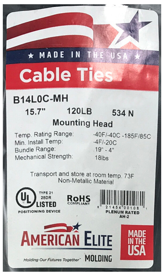(100) Black Mounting Head Hole 15" Inch Nylon Cable Wire Wrap Zip Tie 120 LB USA
