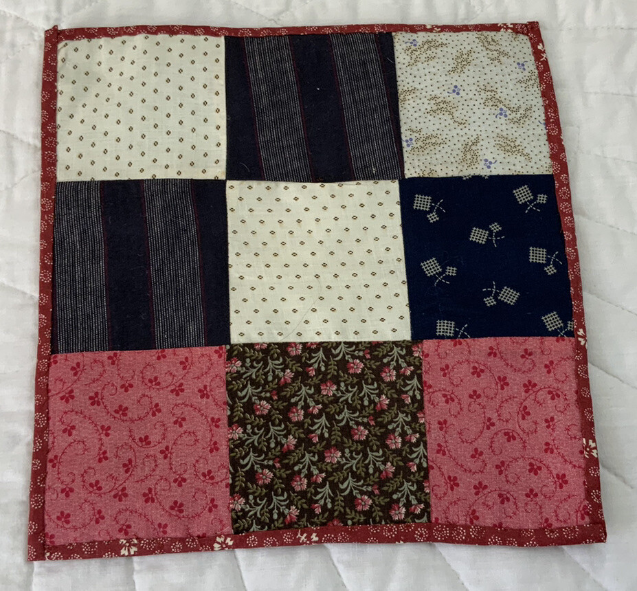 Vintage Patchwork Quilt Table Topper, Early Calico Prints, Nine Patch