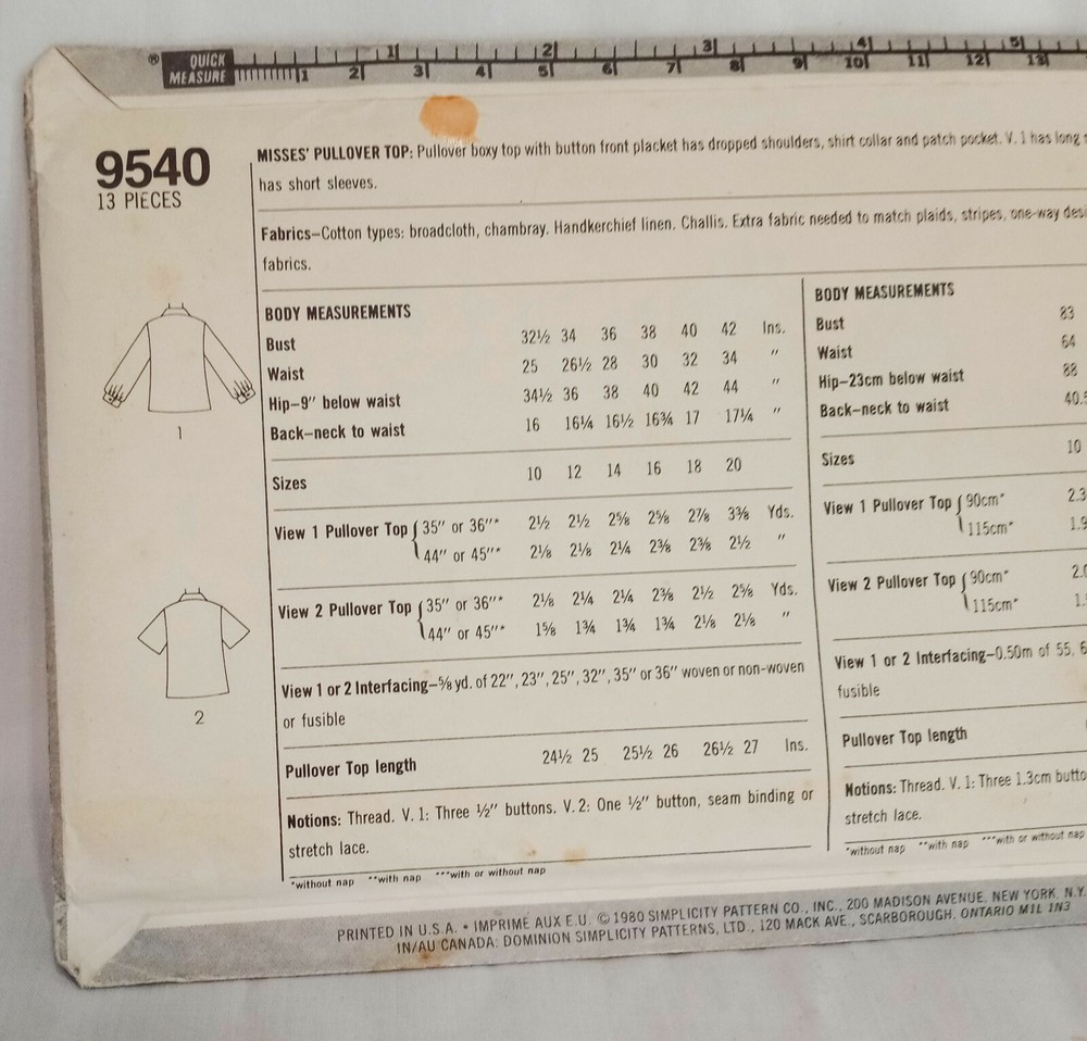 Misses Pullover Boxy Top Pattern 9540 Size 10 Simplicity Precut Complete 1980