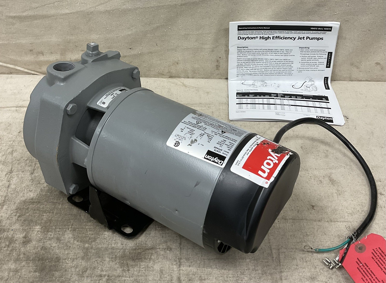 DAYTON 1D878 Shallow Well Jet Pump 1.5 HP 1 Phase 20 gpm INCOMPLETE
