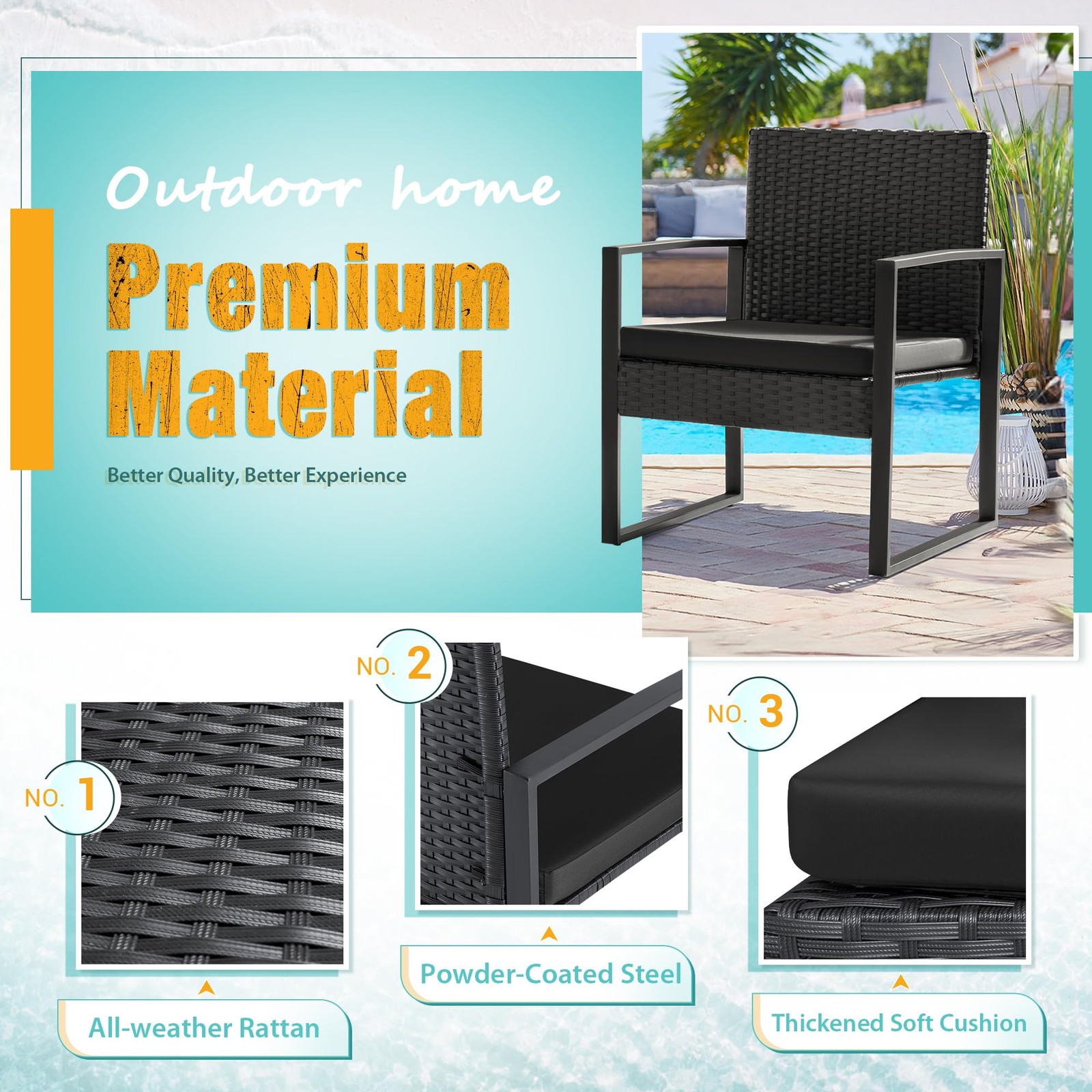 Patio Set Outdoor Wicker Furniture, Modern Bistro Set with Rattan Chair (Blue)