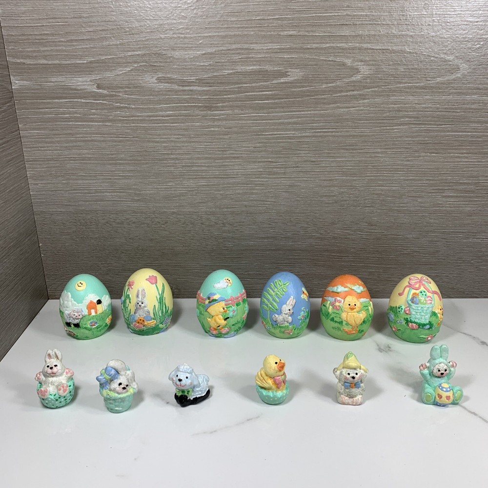 Vtg 1990 CHALKWARE DECORATED EASTER EGG and SMALL FIGURINES AU Painted Decor