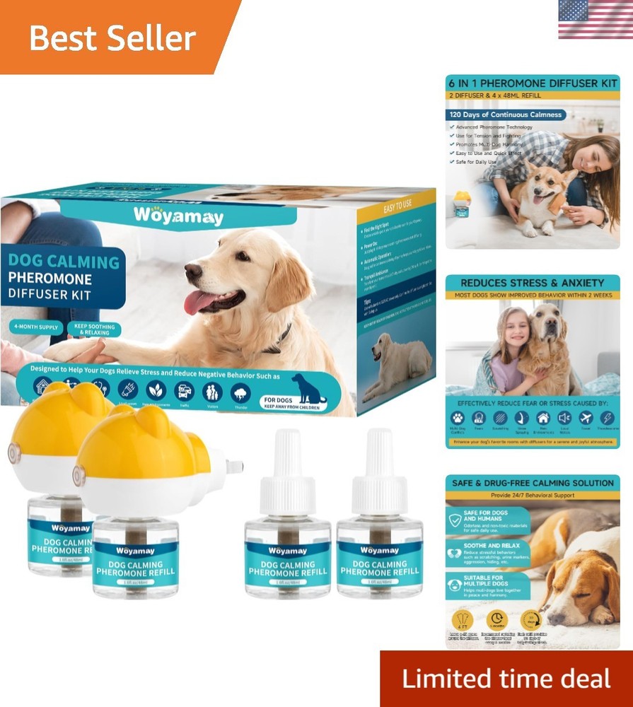 2 Diffusers & 4 Refills - Dog Calming Diffuser for Stress Relief, Lasts 120 Days
