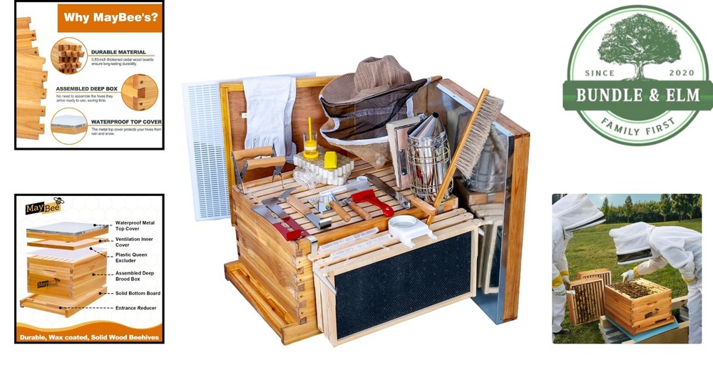 Beehive Kit with Durable Cedarwood Box, Frames, and Essential Beekeeping Gear