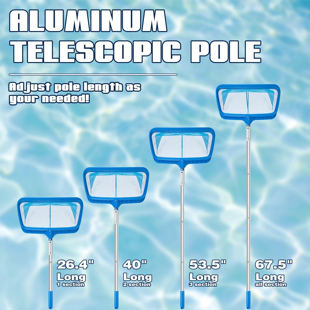 Adjustable Pool Skimmer Net with Telescopic Pole, Fine Mesh, Large Capacity