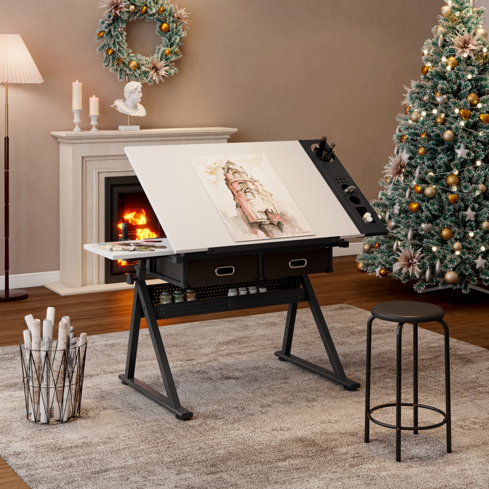 Art Drawing Desk Set - Adjustable Table & Stool - 2 Drawers，Tilting Top
