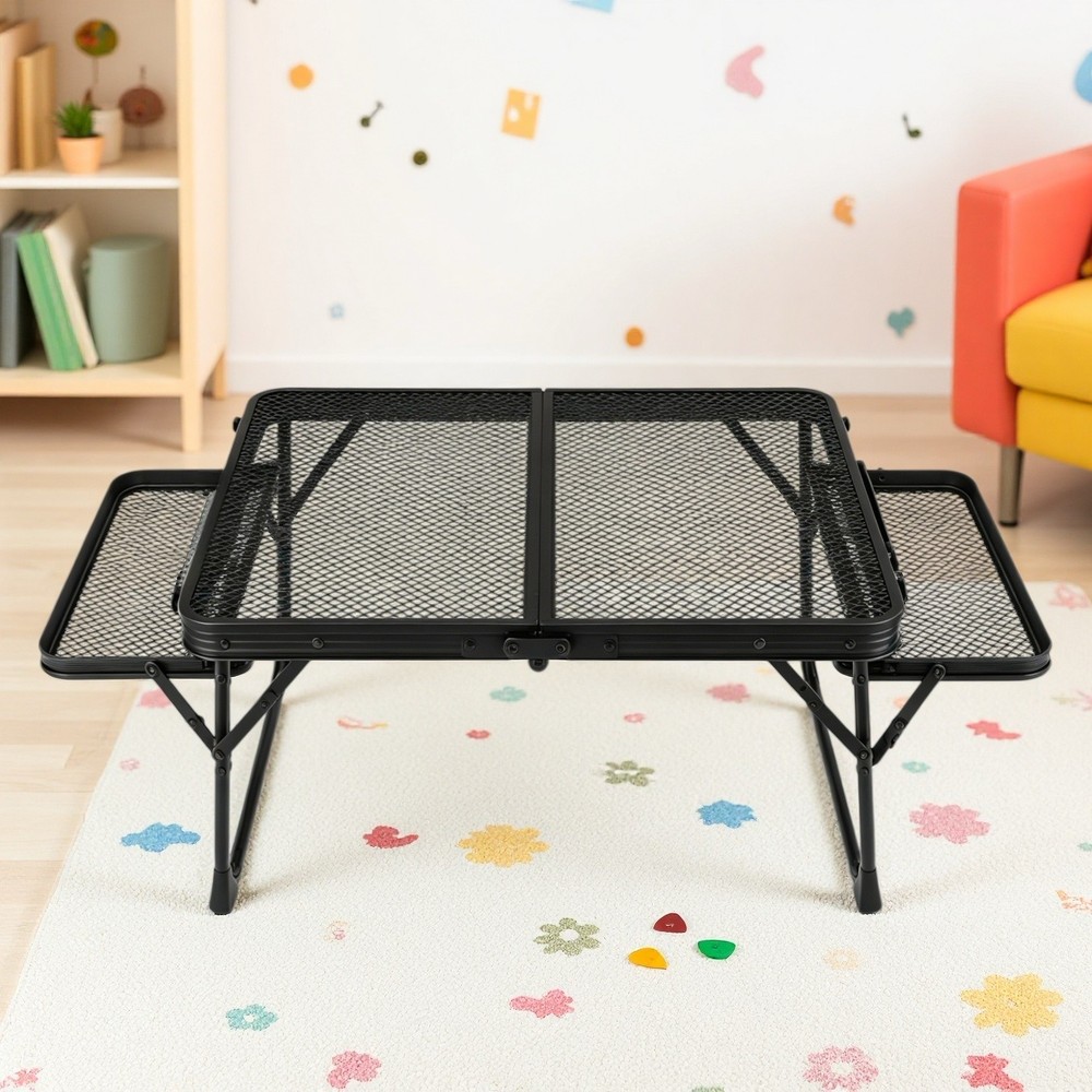 3ft Folding Camping Wire Mesh Table - Side Wings Adjustable Aluminum Frame Black