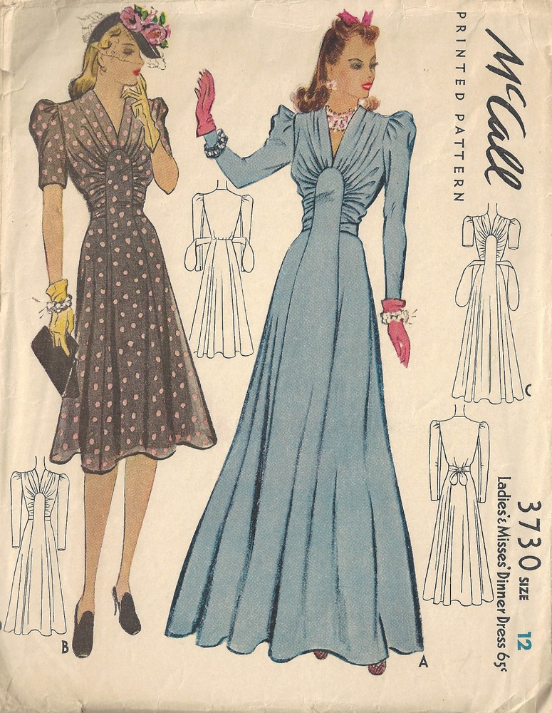 1940 WW2 Vintage Sewing Pattern B30" DRESS (1663)