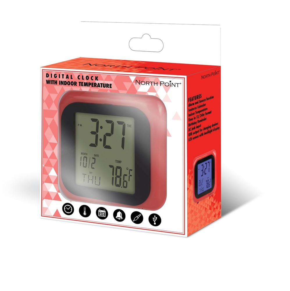North Point Digital Alarm Clock w/ Indoor Temperature Calendar LCD Backlight USB