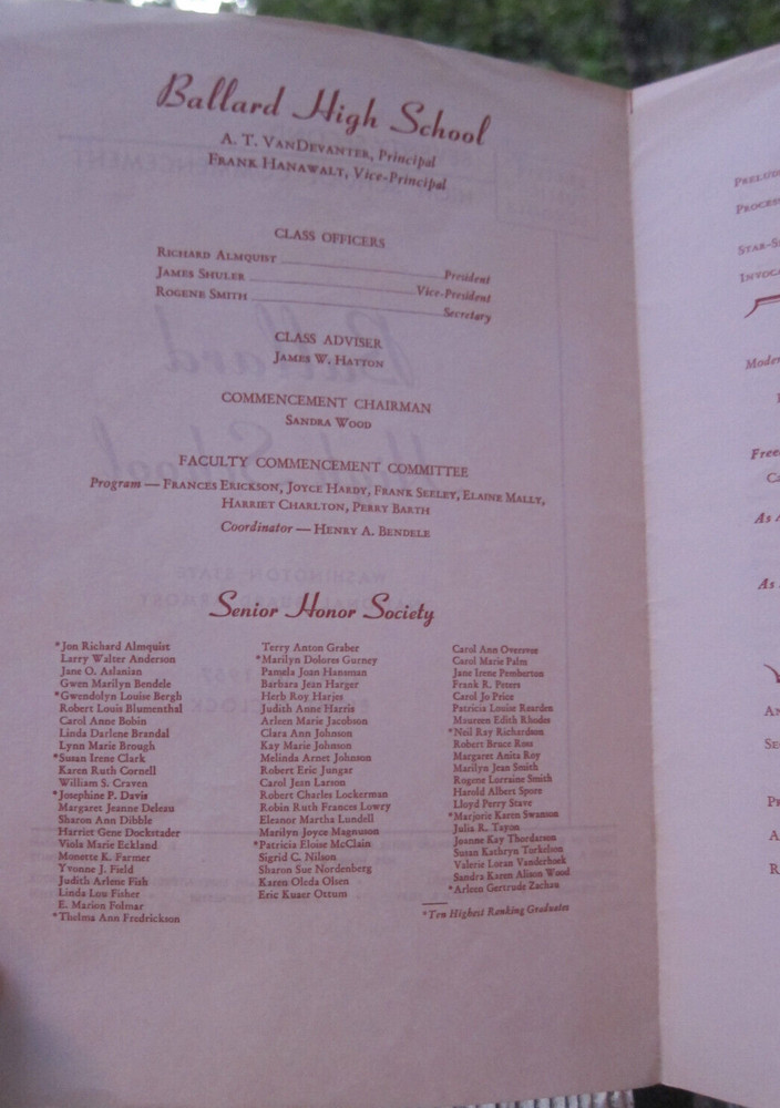1957 Ballard High School Seattle Puget Sound Commencement Program