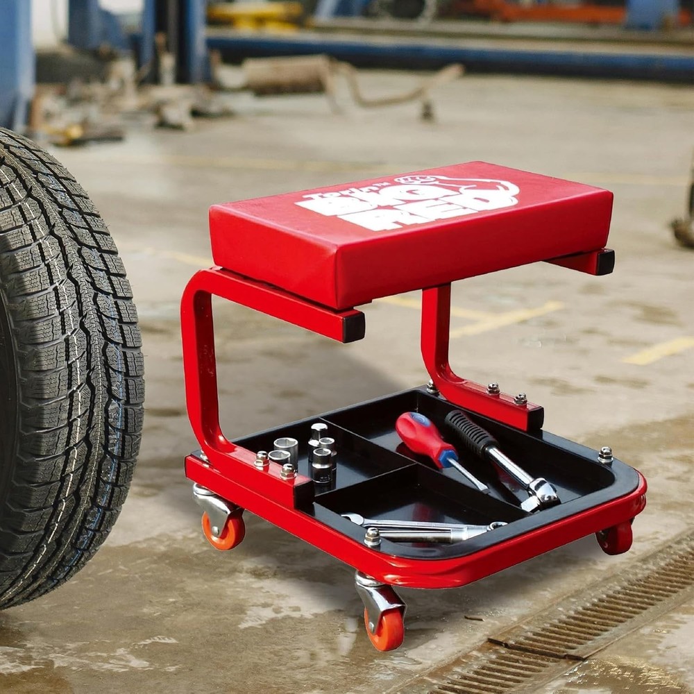 Torin Medium Red Rolling Creeper Stool - Padded Seat, Easy Mobility, Tool Tray