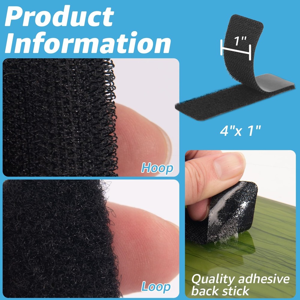 16 Sets Hook and Loop Tape Sticky Back,1 in.x 4 in. Double-Sided Command Adhe...