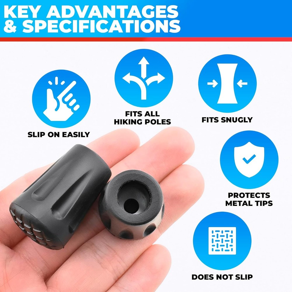 6 Pcs Rubber Tips for Hiking Poles – Rubber Cane Tips Replacement, Durable Lon