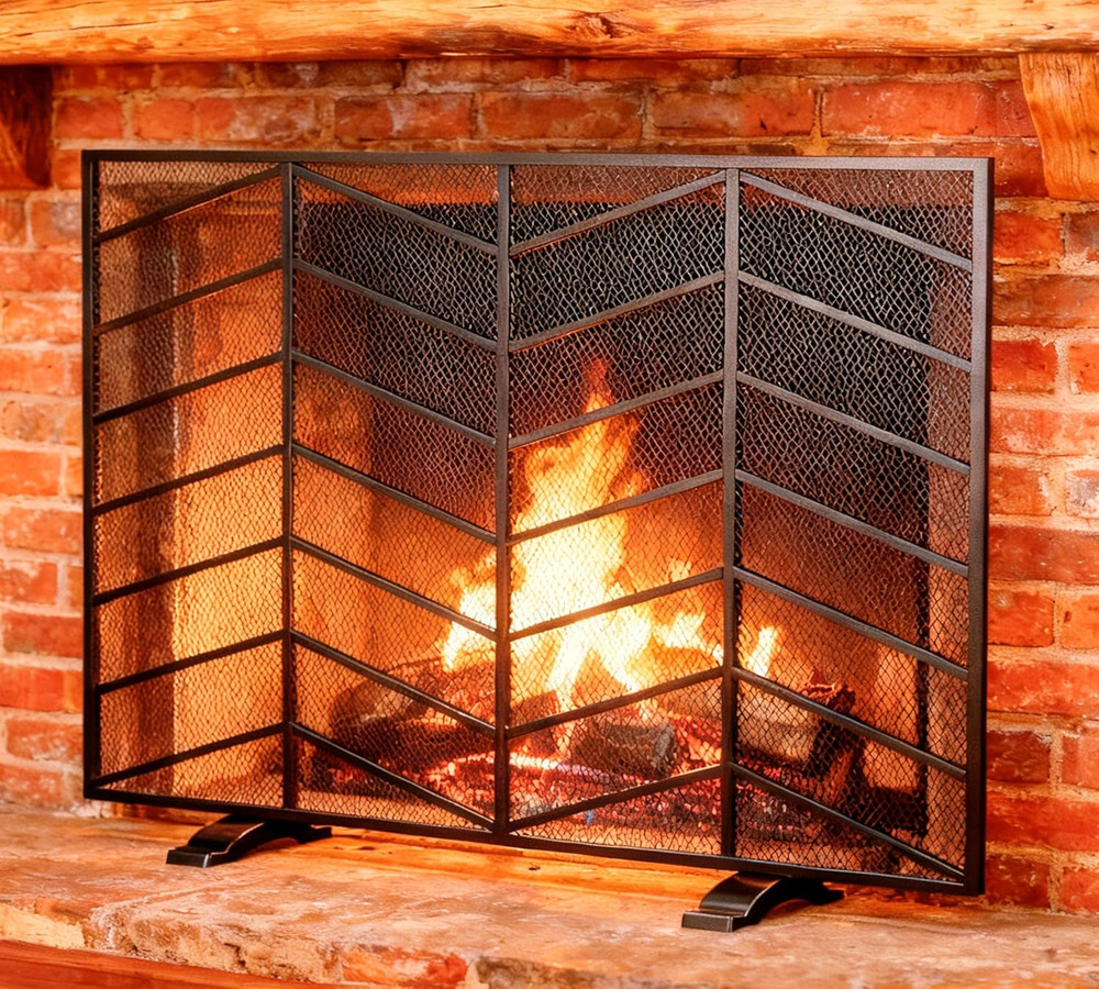 Single Panel Handcrafted Wrought Iron Mesh Chevron Fireplace Screen, Fire Spark