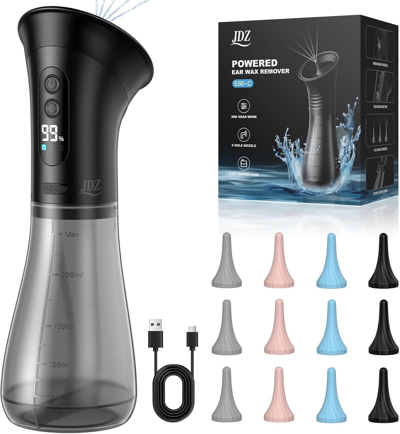 2000mAh Fast Charge Ear Cleaner - IPX7 Electric Ear Wax Removal Irrigation Kit