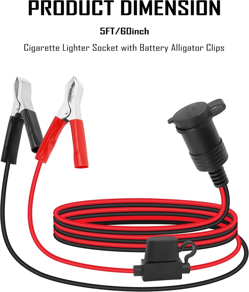 12V Cigarette Lighter Socket Replacement with 5Ft Extension Cord & Battery Allig