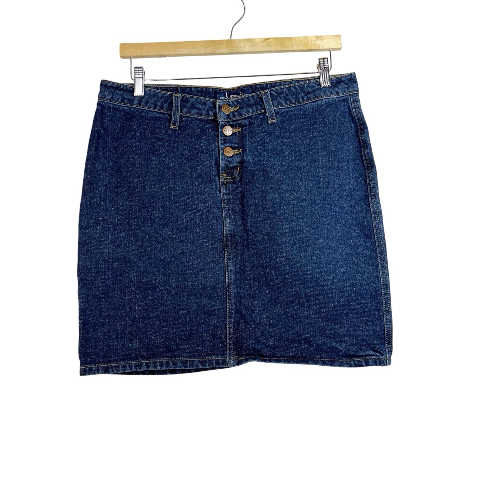 Vintage L.E.I Blue Denim Jean Mini Skirt Size 13 Y2K 90s Cotton Dark Wash