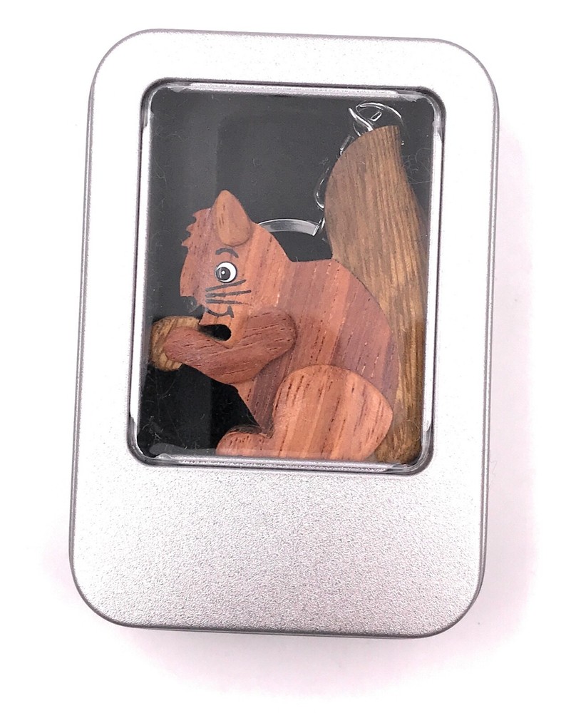 Wooden keychain squirrel with hazelnut tree horn forest gift box