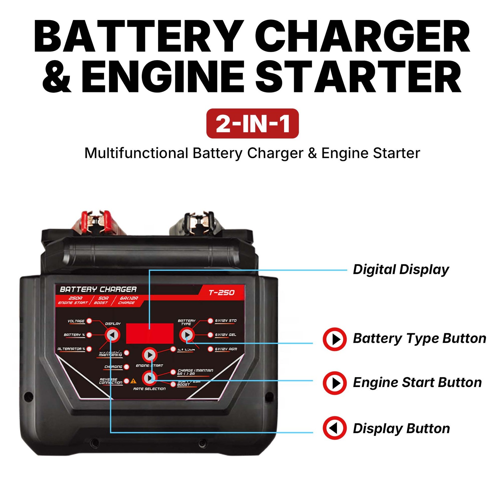 T-250 Battery Charger & Engine Starter – 250A Start, 50A Boost, 6V/12V