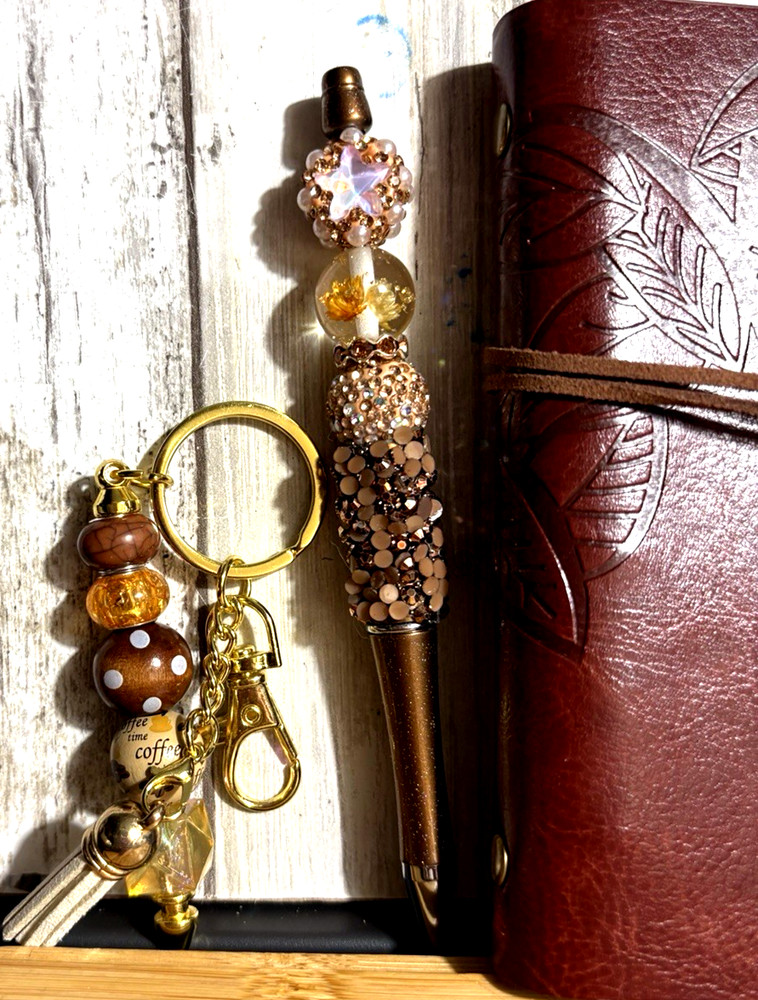 HANDCRAFTED BEADED PEN , key chain & NOTE PAD SET