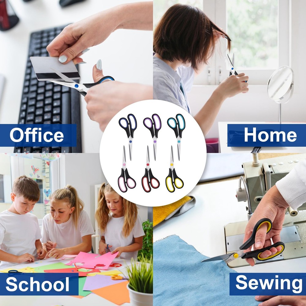 Scissors, BOOMIBOO 8" All Purpose 6 Pack - Comfort-Grip Scisso
