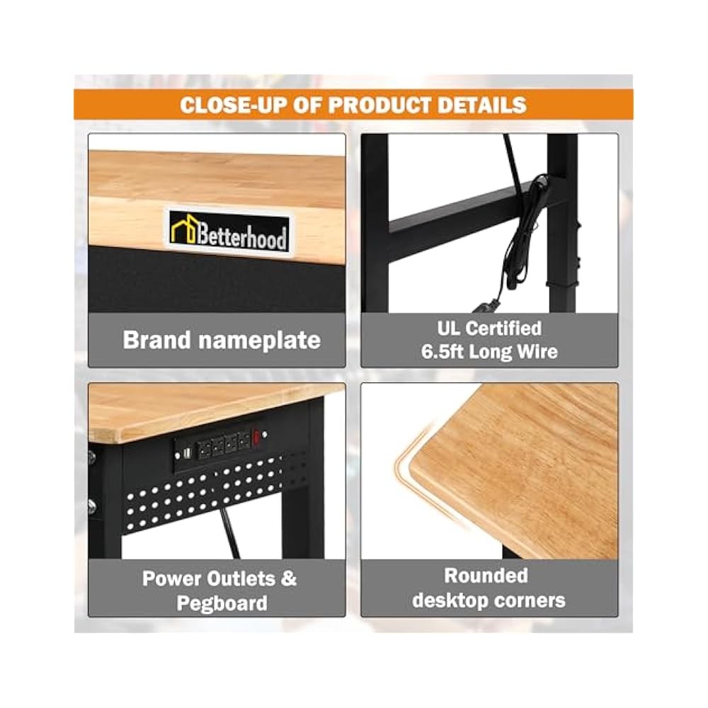 70" Workbench with Pegboard, Adjustable Height, 2000lb Heavy Duty Table