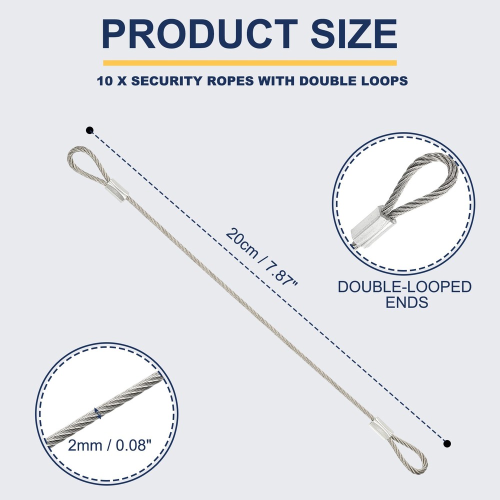 10 Pcs Dia. 2mm 8" Long Stainless Security Ropes with Double Loops, Silver