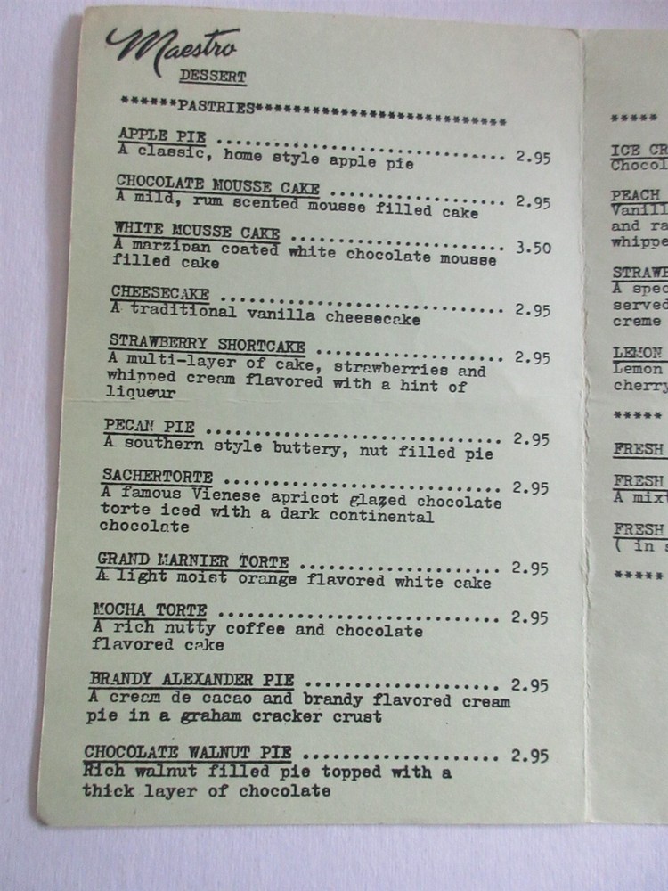 Maestro vintage Dessert Menu