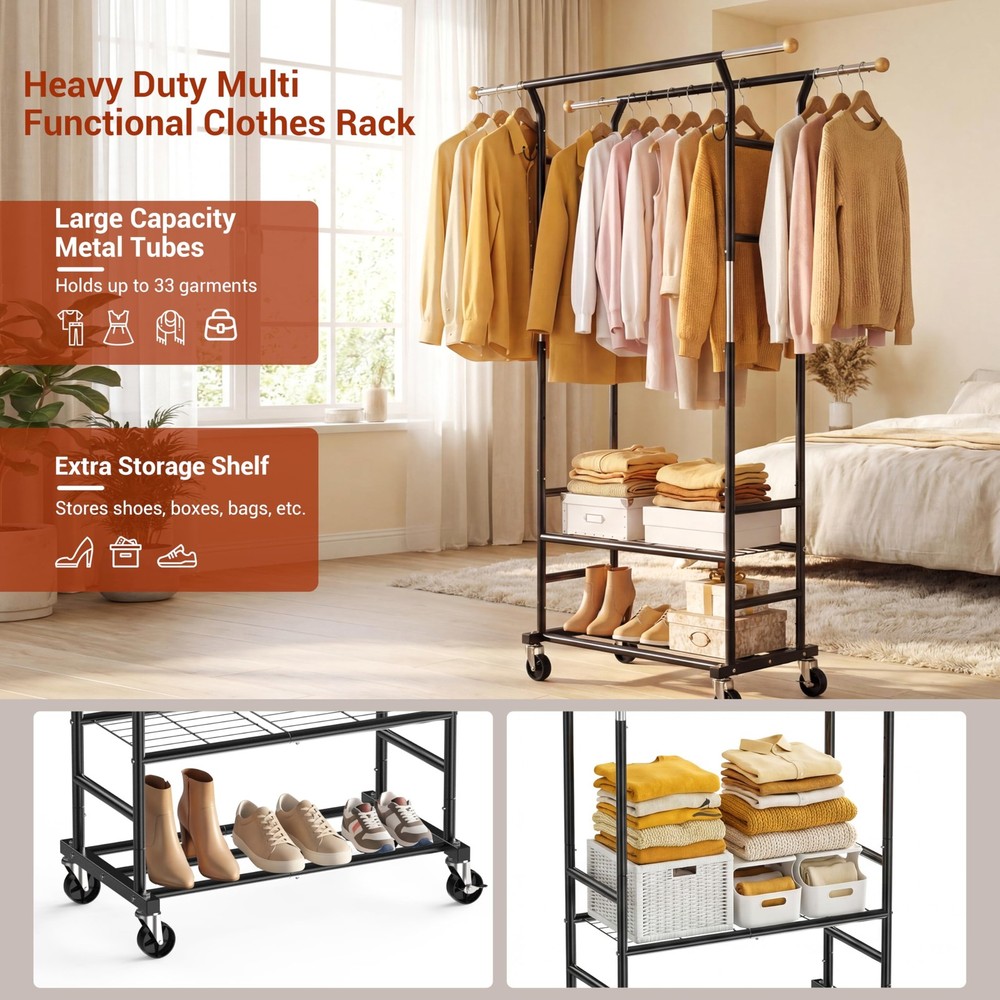 Clothes Rack with 3-Level Height Adjustment - Double Rod Extendable Hanging R...