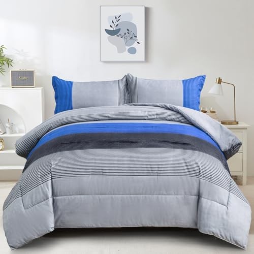 Comforter Set Reversible Grey Striped Patchwork Alternative Queen Blue