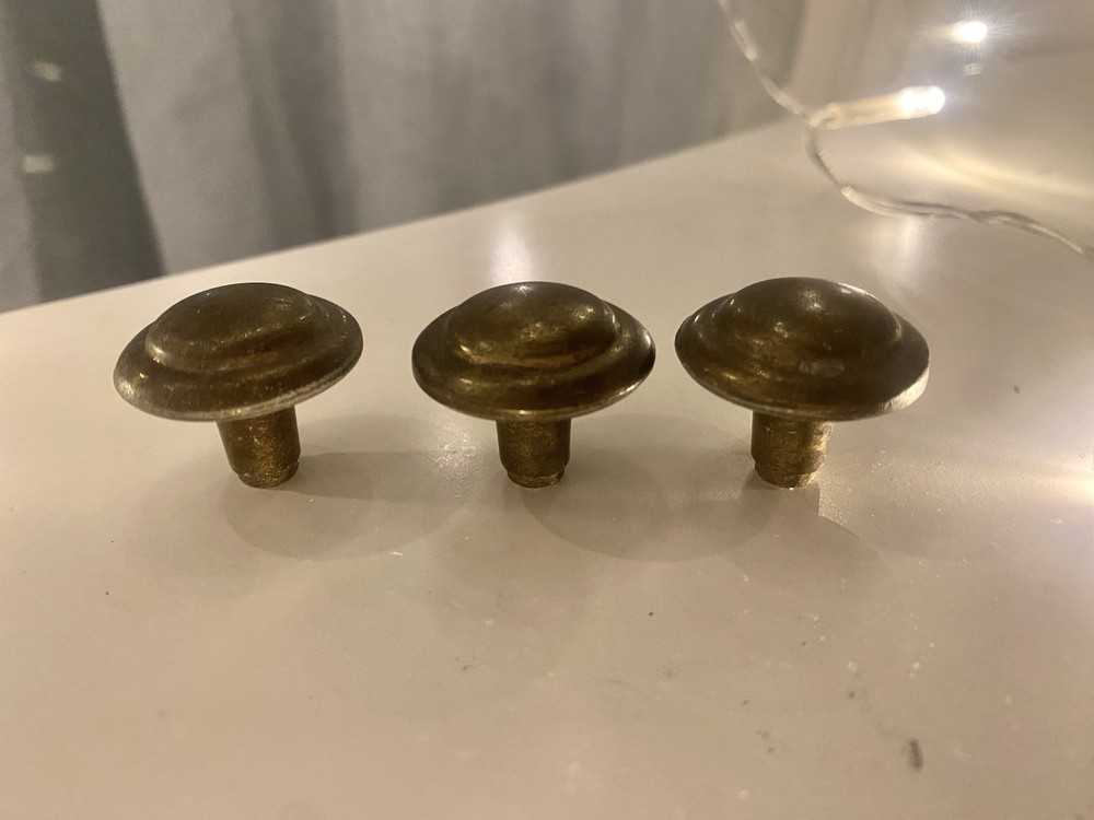 3 Antique Solid Brass Knobs 7/8” Diameter Drawer Or Cabinet Hardware