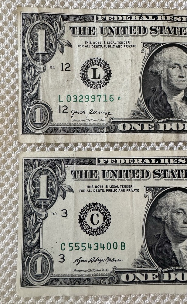 (3) 2017 $1 Error Misaligned/Miscut Notes, One is a Star Note, one w/ Fancy S/N!