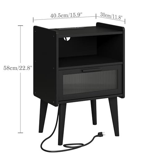 Nightstand with Charging Station, Bedside Tables, End Table Side Table 1 Black